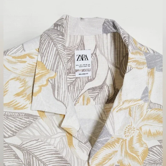ZARA Linen Blend Leaf Printed Short Sleeve Shirt NWOT - Picture 5 of 10